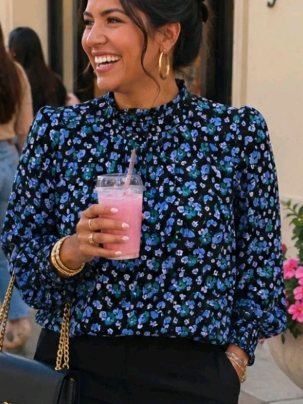 J Crew Floral Mock-Neck Blouse in Perwinkle And Black Sz XS